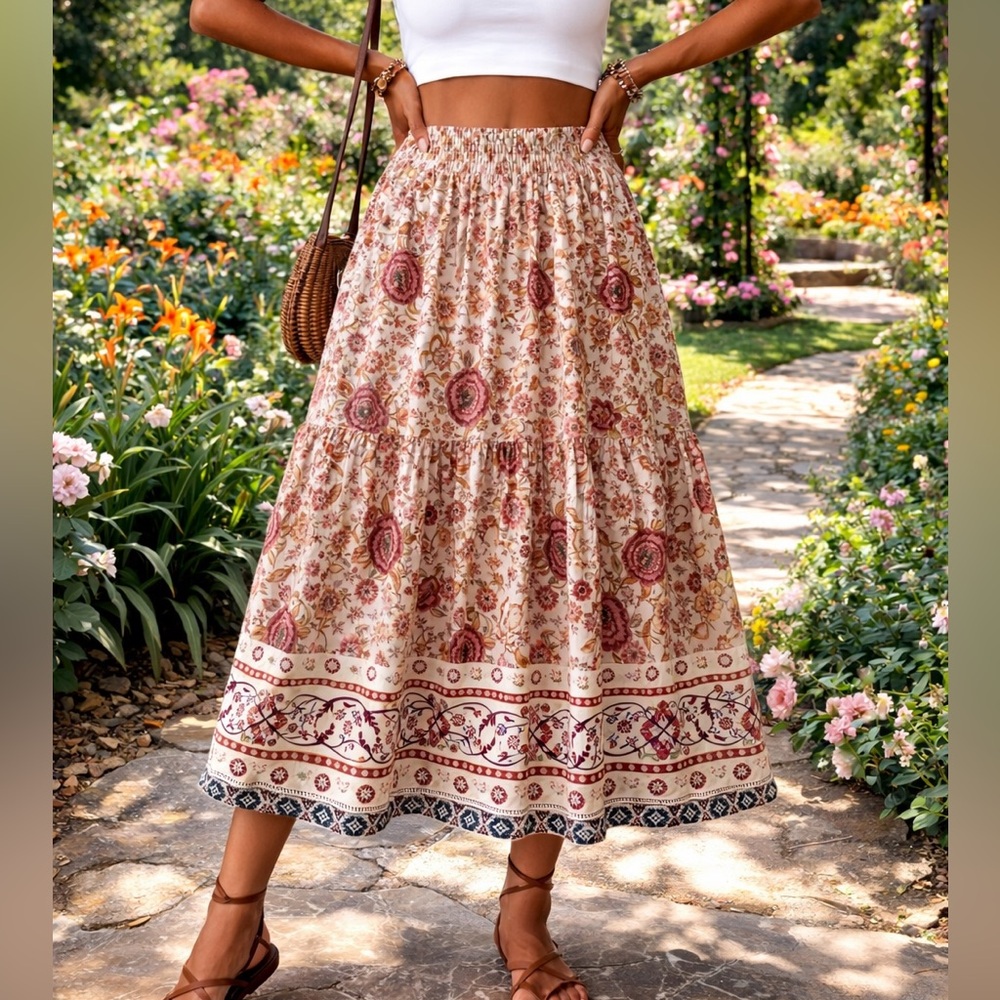 Merokeety Cream Pink Flowing Boho Cottage Tiered Floral Prairie Skirt, Size S - Picture 2 of 11